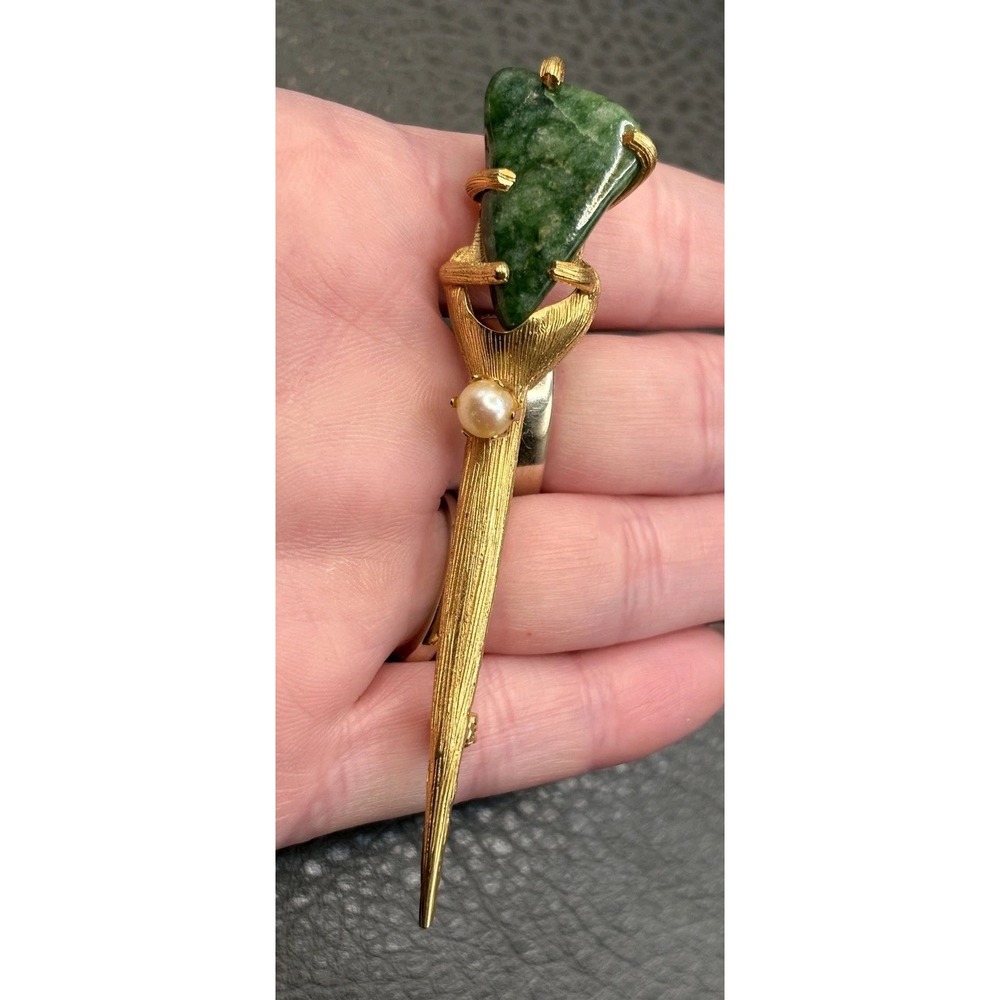 Vintage Kramer Brutalist Faux Jade Faux Pearl Pin Brooch Textured Gold Tone